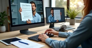 Reunião virtual entre empregador e colaborador remoto para rescisão contratual com documentos digitais na tela do computador