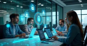 Equipe de startup analisando dados em computadores com ícones de segurança digital e cadeados virtuais ao redor