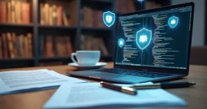 Documentos legais, laptop e contratos digitais em ambiente de escritório moderno