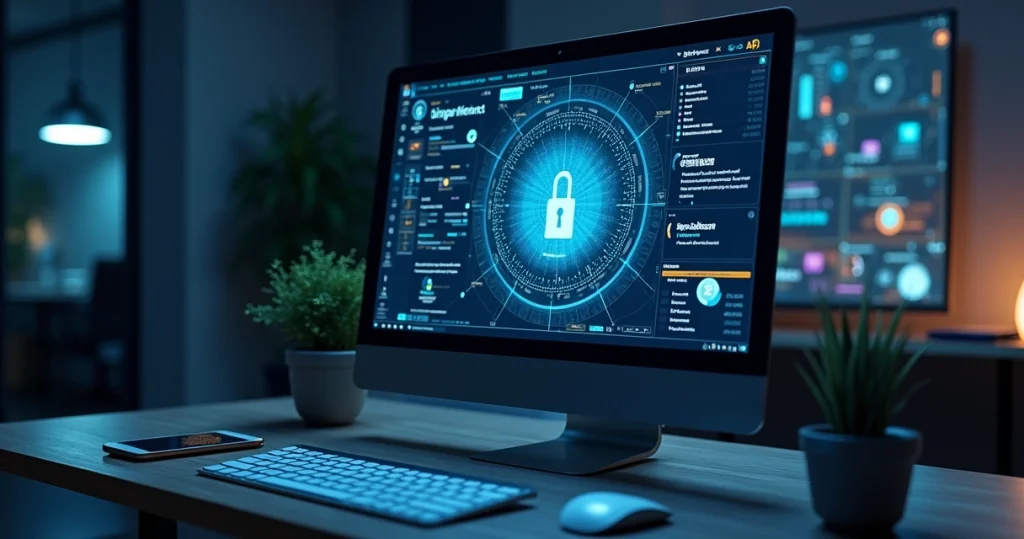 Tela de computador exibindo software protegido com camadas de segurança digital como criptografia e autenticação multifator