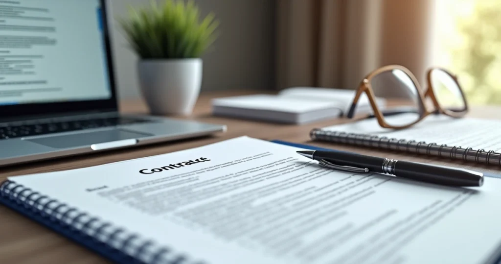 Mesa de escritório com contrato assinado, laptop aberto e caneta ao lado, ambiente organizado e moderno