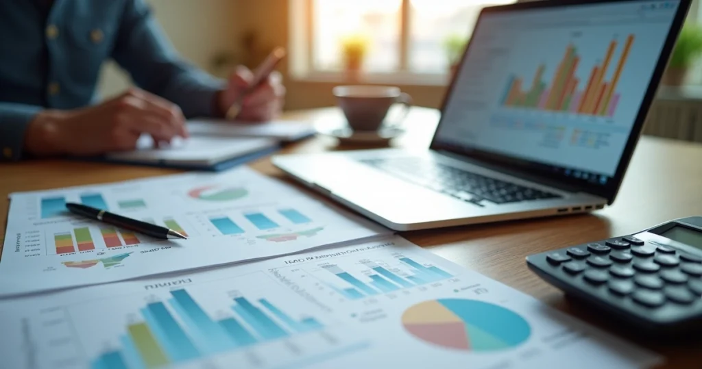 Mesa de escritório com documentos fiscais, calculadora e laptop exibindo planilhas tributárias para startups