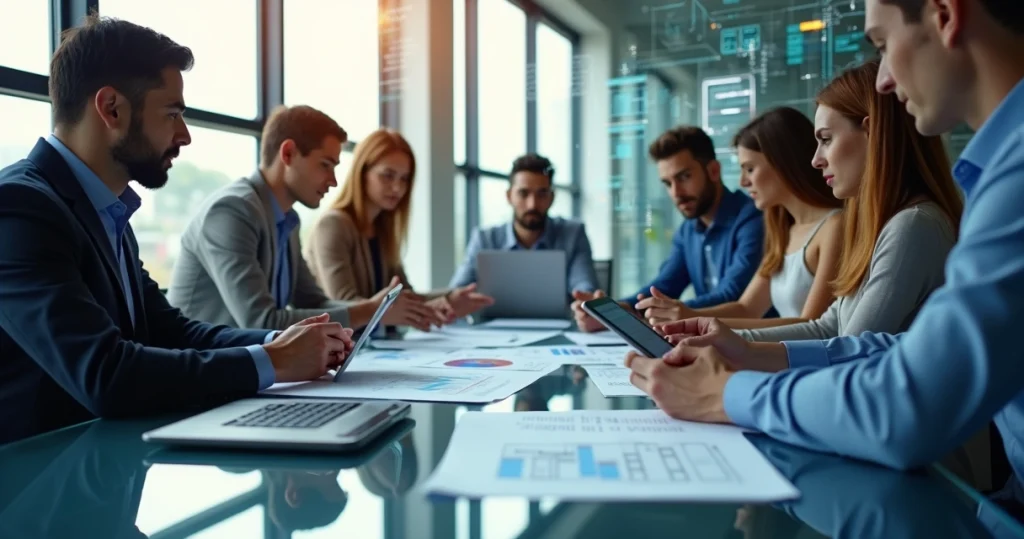 Empresários analisando contratos durante reunião de startup com elementos digitais de tecnologia e documentos jurídicos